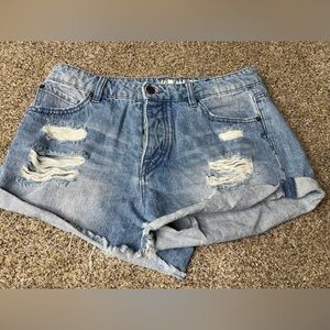 Volcom Jeans Shorts Juniors Size 9 Blue Denim Distressed Button Fly